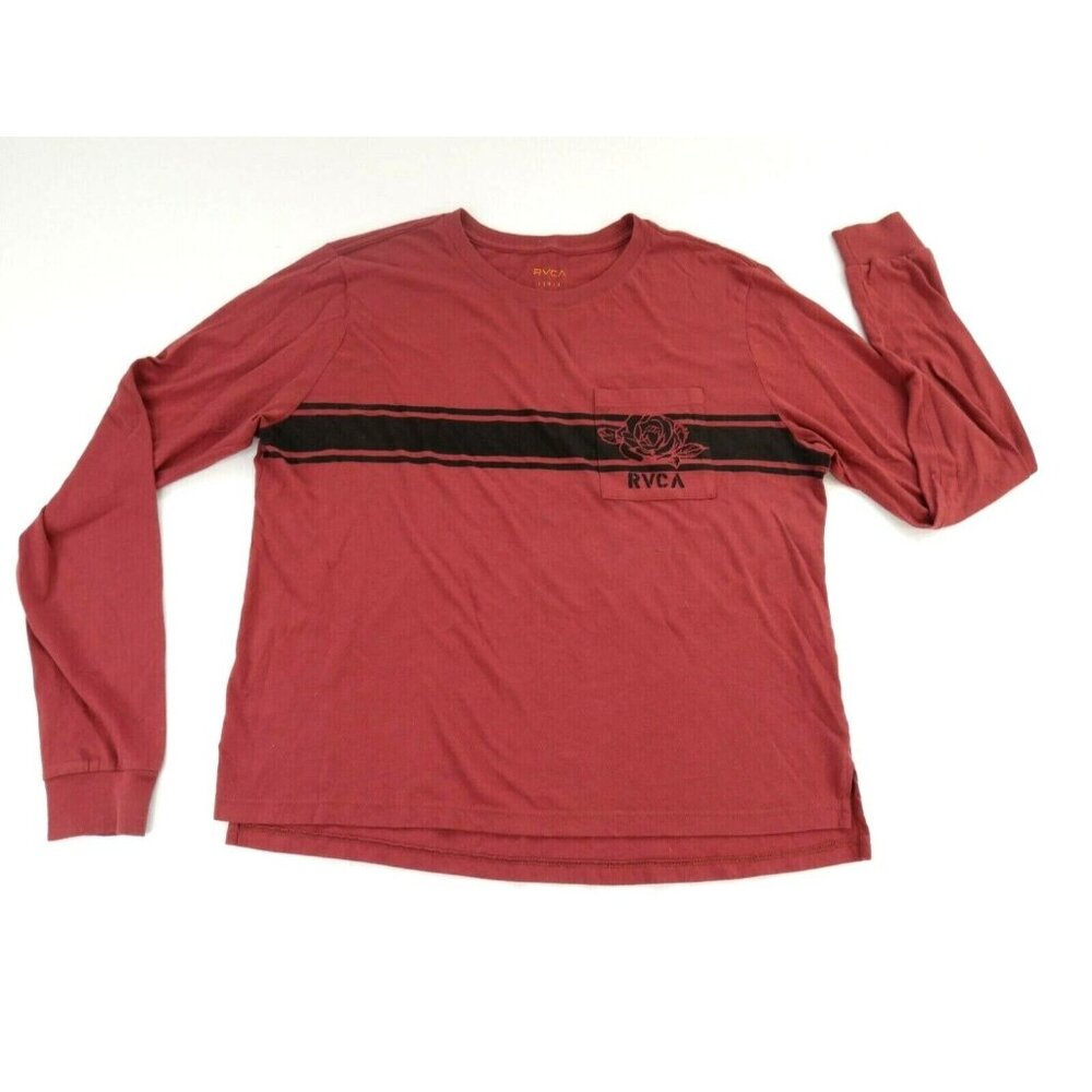 RCVA Brick Red Long Sleeve T Shirt Black Chest Stripe 100% Cotton Womens Large